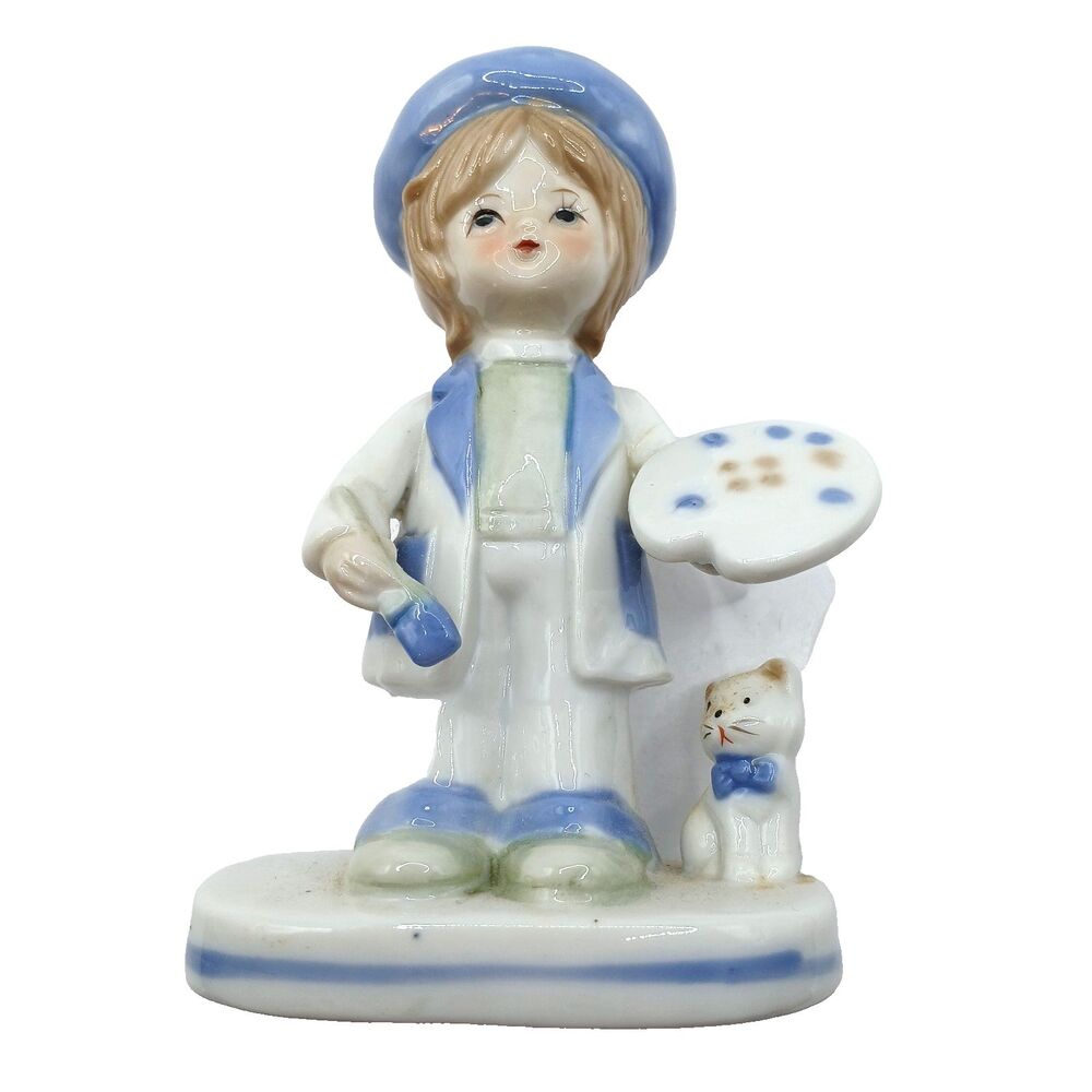 Vtg Enesco Artist Painter Boy And Cat Figurine Hand Painted Blue & White 4.5"